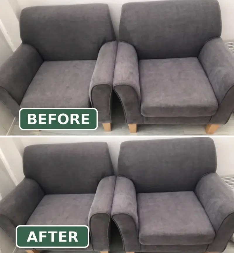 Before and after furniture cleaning NYC — grey armchairs restored
