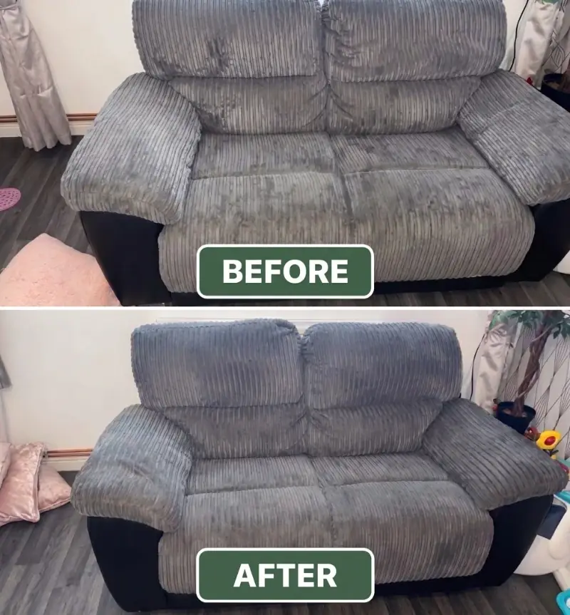 Before and after sofa cleaning New York City, corduroy loveseat restored