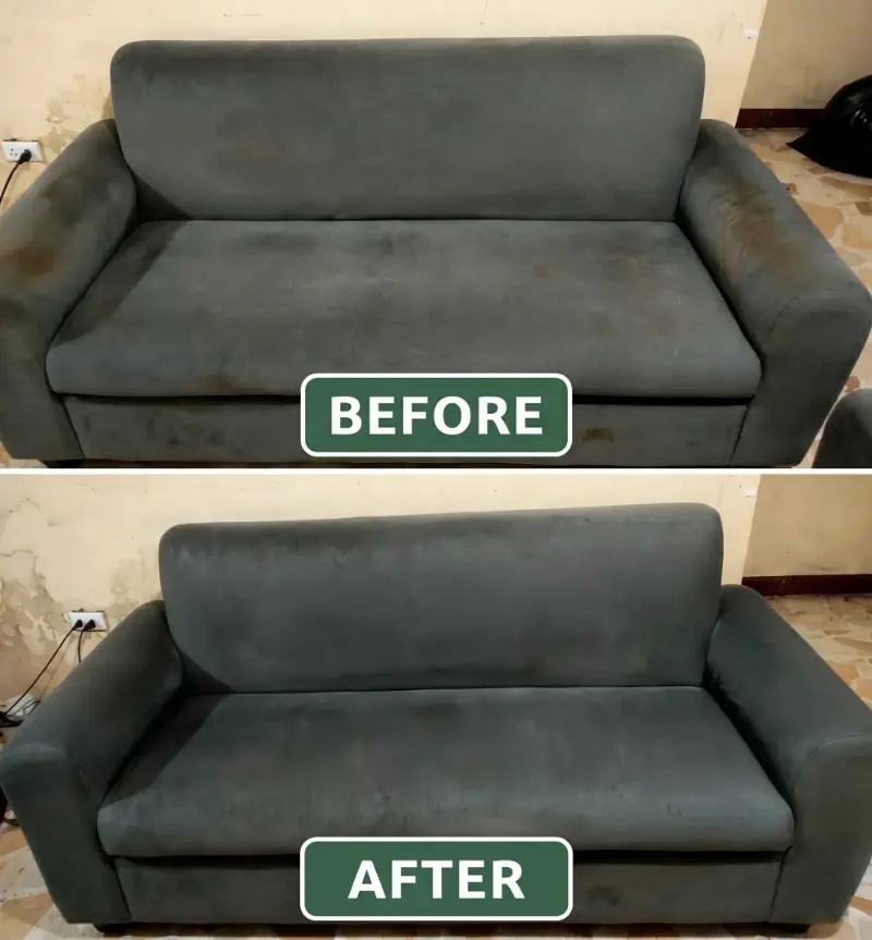 Before and after professional sofa cleaning NYC, staining lifted from suede sofa
