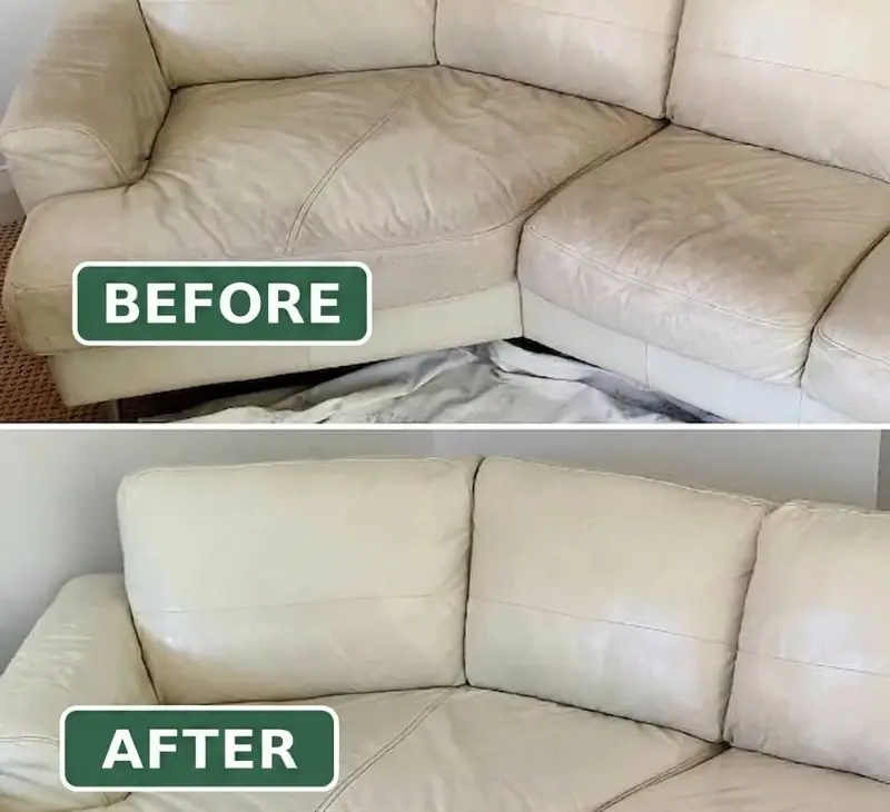 Before and after upholstery cleaning New York — cream leather sectional restored