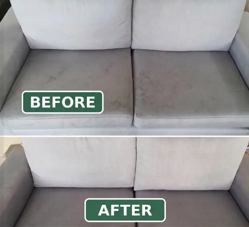 Before and after upholstery cleaning NYC — soiled loveseat cushions cleaned