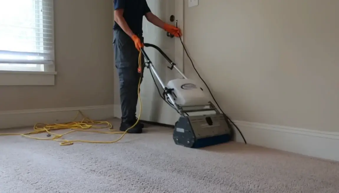 Technician operating a rotary carpet cleaning machine in a New York bedroom